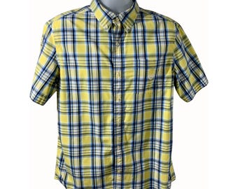 Ralph Lauren Chaps Mens Yellow Blue Plaid Short Sleeve Button Down Shirt Medium Easy Care Ageless Classic Design