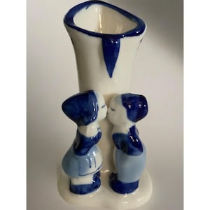 Vintage E H Holland Delft Blue Kissing Couple Floral Collectible Ceramic Porcelain Bud Vase