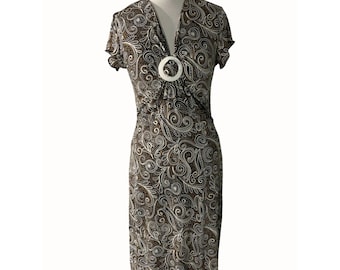 New Directions Womens Vintage Style Brown Paisley Midi Dress Buckle Accent Short Sleeve Small