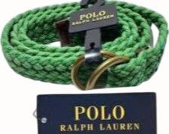Polo Ralph Lauren Grün Gurtband Baumwolle O-Ring Gürtel Lederverzierung Geflochten Neu Klein Vintage Retro 80 & 90's Style