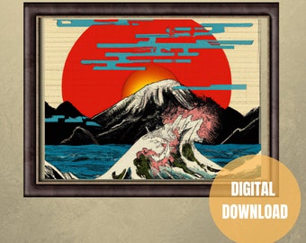 Japan Art Ukiyo-e Sunset Waves and Mountain Instant Digital