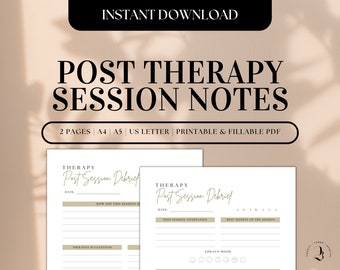Post-Therapy Notes, Therapy Session Notes, Therapy Session Tool, Post Therapy Planner, Instant Download, Printable & Fillable Therapy Notes