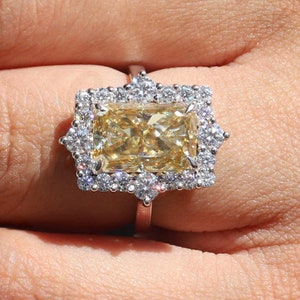 12x8MM Light Yellow Radiant Moissanite Engagement Ring Canary Yellow Moissanite Ring 14K White Gold Halo Bridal Wedding Ring Gift for her!
