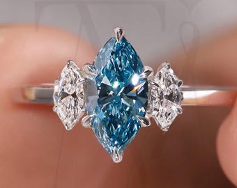 Three Diamond Ring Fancy Vivid Blue Marquise Cut Lab grown Diamond 3 Marquise Diamond Engagement ring Trio Diamond Proposal Solid Gold Ring