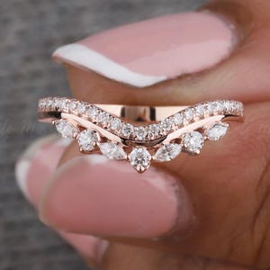 Round-Marquise Curved Moissanite Band, Tiara Style Pave Set Moissanite Diamond Ring Enhancer for Oval/Round Ring, Unique Stacking Ring Band!