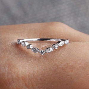 Vintage Diamond Curved Wedding Band - Moissanite Milgrain Half Eternity Stacking Ring - Rose Gold Unique Matching Band Curve Band for her