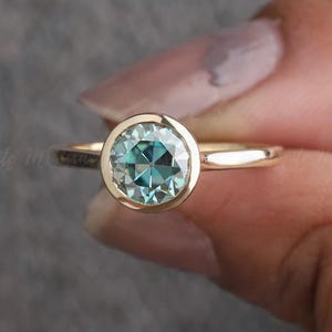 1.25 CT Round Old European Cut Cyan Blue Moissanite Ring, Bezel Set, Solitaire Ring, Engagement Ring, Ring for Women, Anniversary Gift Ring