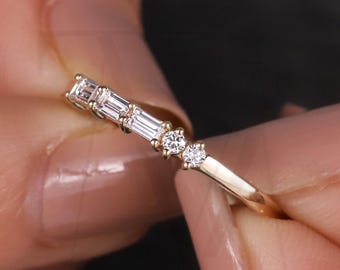 Morse Code, Lab Grown Baguette And round Diamond Stacking Wedding band, Solid 14K Gold, Moissanite, Letter 8, Gift For Her