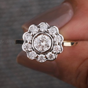 Two Tone Gold Floral Inspire Ring, Moissanite Round Wedding Ring, Bezel Set Classic Engagement Ring, Promise Ring, Solid White-Yellow Gold
