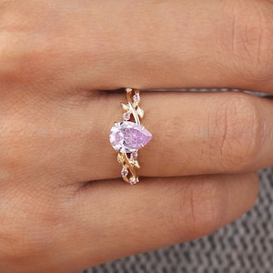 Amethyst ring vintage pear Amethyst engagement ring 14k Yellow gold twig leaf Purple bridal wedding ring women February birthstone ring gift