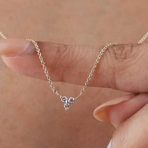 5 Trio 14K Diamond Layering Necklace, Real Lab Diamond Solid Gold Chain Station Necklace, Round Dainty Necklace, Gift for Her, Birthday Gift