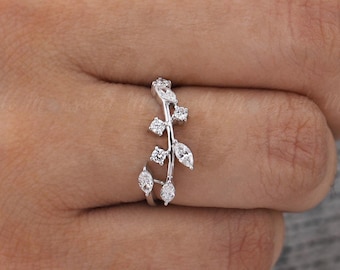 Anillo de boda con forma de hoja de diamante, anillo floral de oro macizo para mujer, anillo apilable de enredadera, anillo de diamantes de laboratorio redondos de talla marquesa, anillos inspirados en la naturaleza.