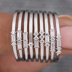 Morse Code Jewelry, Moissanite baguette & Round Initial Morse Code Ring, Real Lab Diamond Solid Gold promise ring, Stacking Wedding band