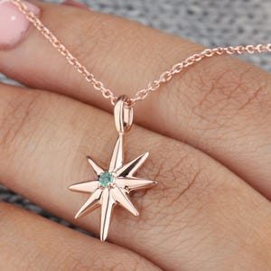 14k Gold North Star Pendant: Emerald Diamond Starburst Necklace