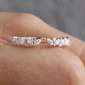 Unique Marquise & Round Moissanite Notched Wedding Band Matching Stackable Half Eternity Wedding Anniversary Band 14K WhiteGold Gift For Her