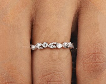 Pierścionek Leaf & Vine Art Deco Wedding Band Half Eternity Ring, pierścionek Milgrain Marquise Dot, pierścionek Vintage Nature Art Deco, prezent rocznicowy dla niej
