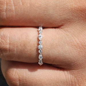 Alternating Moissanite, Marquise and Round Cut MS diamond Wedding Band, Half Eternity Stackable Band Bubble Shared Prong Wedding Band!