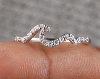 Lab Grown Diamond Ocean Wave Beach Ring, Dainty Solid Gold Sea Wave Stacking Ring, Friendship Jewelry, Trendy Best Friend Gift, Moissanite