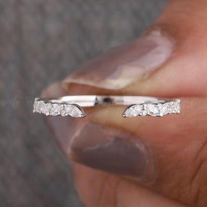 Minimalist Open Gap Wedding Band, Marquise-Round Moissanite Engagement Band, Lab Grown Half Eternity Band, Stackable Matching Band For Women