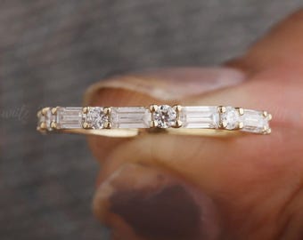 Baguette and Round Colorless Moissanite Wedding Band, Half Eternity Band, 14K yellow Gold Band, Stackable Band, Anniversary Gifts for her