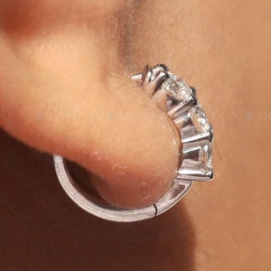 Classic 3 MM Round Cut Moissanite Hoop Earrings, Moissanite Earring, 3 Stone Earrings, Gift For Her, Latch Back Earrings, Earrings For Gift!