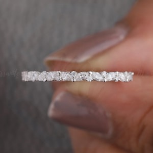 Marquise And Round Moissanite Half Eternity Wedding Band Matching, Lab Grown Diamond Anniversary Band 10K/14K White Gold Band Gift For Her