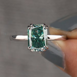 2.5CT Lab Created Cyan Blue Radiant Cut Engagement Ring for her Solid 14K White Gold Solitaire Wedding Ring Statement Solitaire ring for her