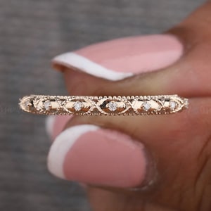Vintage Diamond Wedding Band, Art Deco Milgrain Half Eternity Band, Solid YellowGold Ring Women, Unique Stacking Matching Ring for wife, mom