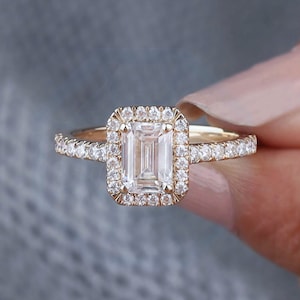 Unique Halo Setting Emerald Cut Ring, Moissanite Engagement Ring, Half Eternity Wedding Ring, Forever One Ring, Anniversary Gift Ring