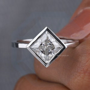 1.50Ct Princess Cut Solitaire Ring Profile Solid 14K white Gold Bezel Set Princess Moissanite Ring Solitaire Engagement Ring Valentine Gifts