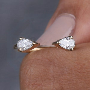 Open Pear Two Stone Moissanite Ring Pinky Finger Ring Open Gap Band Pear Cut Open Cuff Ring 10K/14K/18K Gold Ring Anniversary Gift for Her