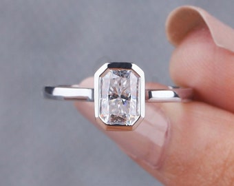 1CT Radiant Cut Moissanite Ring 14K White Gold Bezel Set Solitaire Low Profile Handmade Engagement Ring Delicate Bezel Set Anniversary Gift