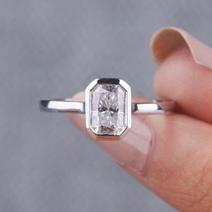 1CT Radiant Cut Moissanite Ring 14K White Gold Bezel Set Solitaire Low Profile Handmade Engagement Ring Delicate Bezel Set Anniversary Gift