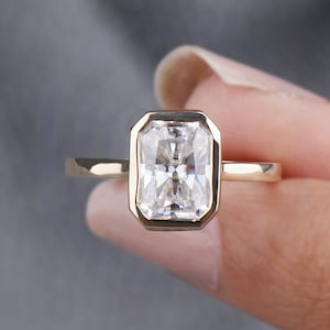 2CT Radiant Cut Moissanite Ring 14K Yellow Gold Bezel Set Solitaire Low Profile Handmade Engagement Ring Delicate Bezel Set Anniversary Gift