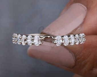Unique Moissanite Notched wedding band women Oval cut Half eternity band Rose gold wedding - Matching bridal ring promise ring.