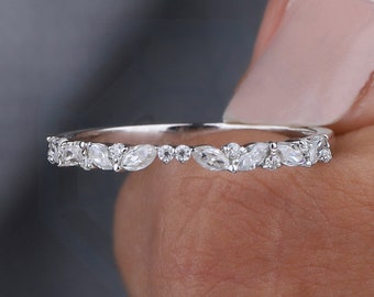 Marquise And Round Moissanite Notched Wedding Band Matching Stackable Lab Grown Diamond Anniversary Band 10K/14K White Gold Gift For Her