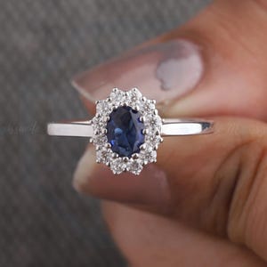 Oval Lab Created Sapphire 14k Solid Gold Engagement Rings For Women Blue Gemstone Ring Princess Diana Ring September Birthstone Promise Ring