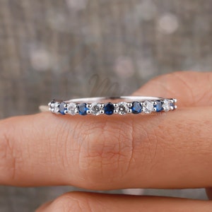 Anniversary Band Blue Sapphire Moissanite Wedding Band Shared Prong Half Eternity Stacking Matching Band 14K White Gold Best Gift for Mother