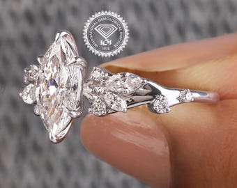 0.8 to 3Ct Lab Grown Marquise Diamond Nature Inspired Ring, Marquise Twig IGI Certified Lab Diamond Ring Leaf Branch Solid Gold Diamond Ring