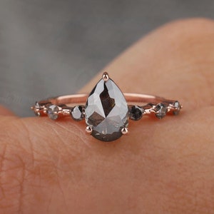 9x6mm Pear cut 14K Rose Gold salt and pepper diamond with accents and hidden halo Engagement ring, anniversary ring for women, Vintage ring!