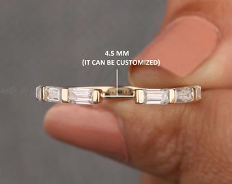 Open 4x2mm Baguette moissanite wedding band, 14K Gold Customize Open Gap matching bands, antique stacking anniversary promise bridal band.