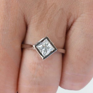 1.00CT Bezel Set Princess Cut Ring Diagonal Square Ring 10K/14K White Gold Princess Moissanite Stacking Engagement Ring Mother&#39;s Day Sale