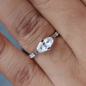 Marquise Cut Moissanite Ring East West Moissanite Engagement Ring Solitaire-Accent Marquise Wedding Ring 14K Gold Ring Anniversary Gifts her