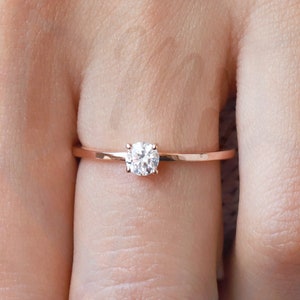 4mm Round Moissanite Minimalist Ring Round Diamond Solitaire Ring 14K Solid Rose Gold Ring Delicate Proposal Ring Moissanite Promise Ring