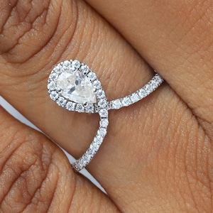 Pear Shaped Moissanite Bypass Engagement Ring, 14K White Gold Halo Teardrop Ring, Unique Wrapped Band Diamond Promise or Anniversary Ring
