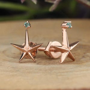 Star Stud Earrings, 14K Rose Gold Emerald Round Star Shaped Gold Earrings, Star Earrings, Natural Gemstone, Gift Earrings for Daughter, wife