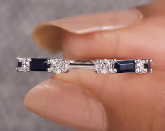 Blue Sapphire Wedding Ring, September Birthstone,  Lab Created Baguette And Moissanite Round cut alternate notch stacking wedding band