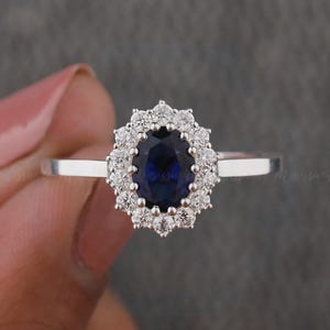 Oval Lab Created Sapphire 14k Solid Gold Engagement Rings For Women Blue Gemstone Ring Princess Diana Ring September Birthstone Promise Ring