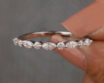 Moissanite Marquise & Ronde Alternatieve Stapelen Solid 14K White Gold Wedding Matching Band / Wedding Half Eternity band Bubble Prong Set Ring