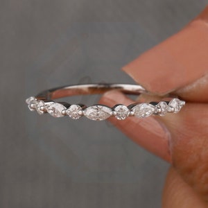 Moissanite Marquise & Round Alternate Stacking Solid 14K White Gold Wedding Matching Band / Wedding Half Eternity band Bubble Prong Set Ring